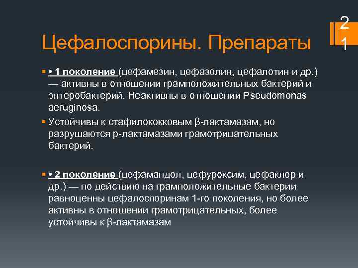 Цефалоспорины. Препараты § • 1 поколение (цефамезин, цефазолин, цефалотин и др. ) — активны