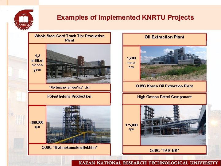 Examples of Implemented KNRTU Projects Whole Steel Cord Truck Tire Production Plant 1, 2