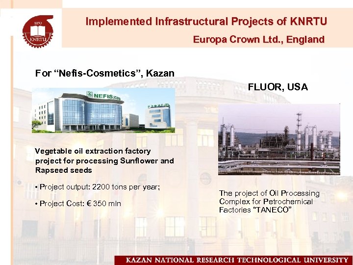 Implemented Infrastructural Projects of KNRTU Europa Crown Ltd. , England For “Nefis-Cosmetics”, Kazan FLUOR,