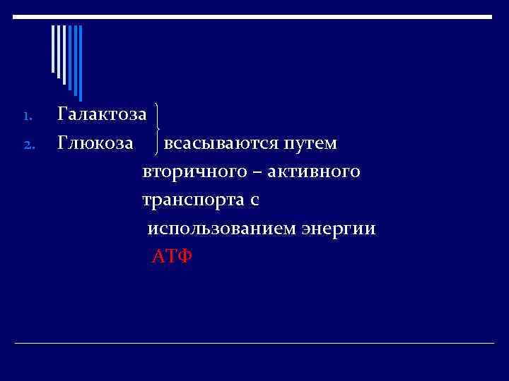 1. 2. Галактоза Глюкоза всасываются путем вторичного – активного транспорта с использованием энергии АТФ