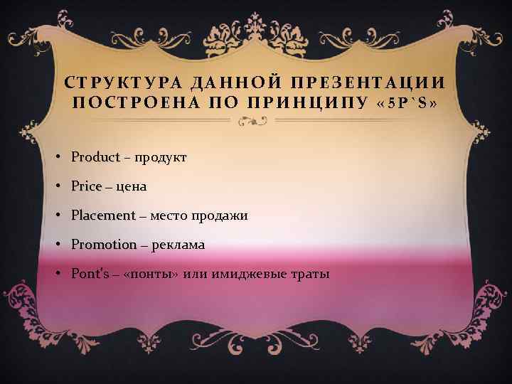 СТРУКТУРА ДАННОЙ ПРЕЗЕНТАЦИИ ПОСТРОЕНА ПО ПРИНЦИПУ « 5 P`S» • Product – продукт •