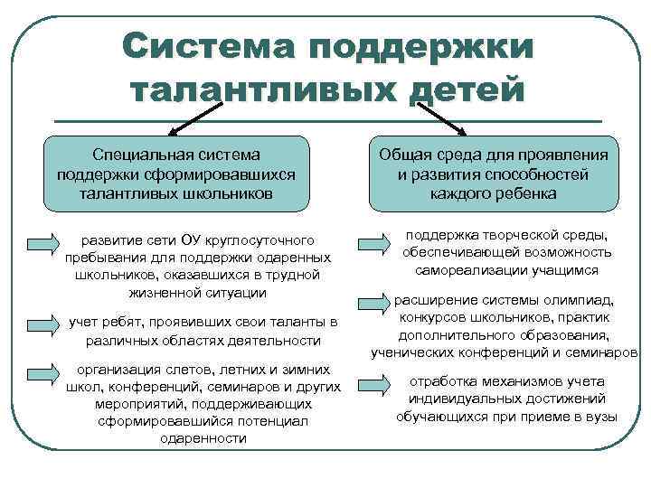 Система поддержки талантливых детей Специальная система поддержки сформировавшихся талантливых школьников развитие сети ОУ круглосуточного