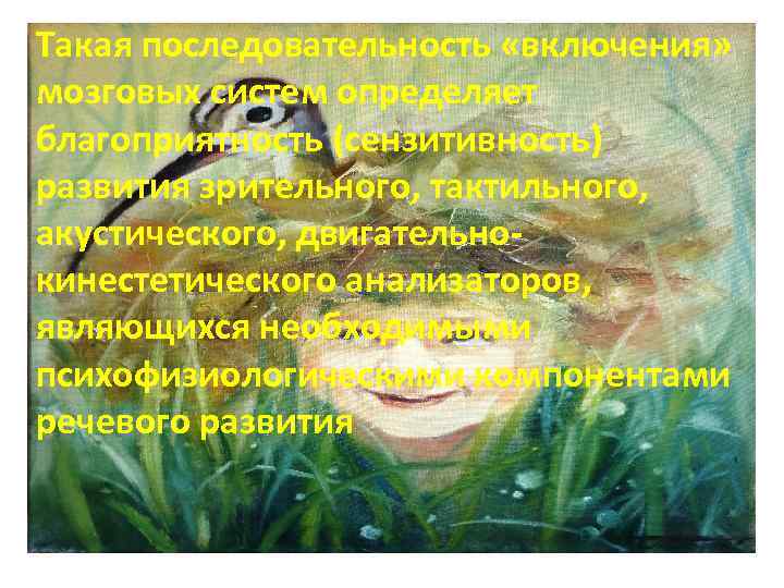 Такая последовательность «включения» мозговых систем определяет благоприятность (сензитивность) развития зрительного, тактильного, акустического, двигательнокинестетического анализаторов,