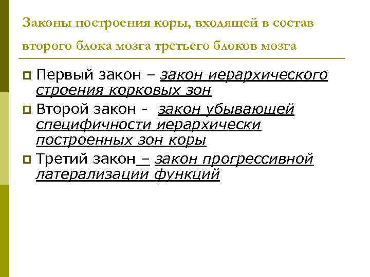 Законы построения коры, входящей в состав второго блока мозга третьего блоков мозга Первый закон