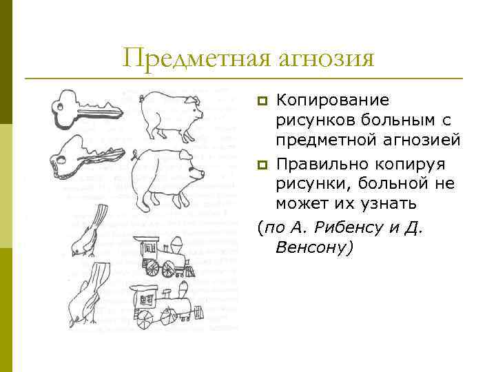 Предметная агнозия Копирование рисунков больным с предметной агнозией p Правильно копируя рисунки, больной не