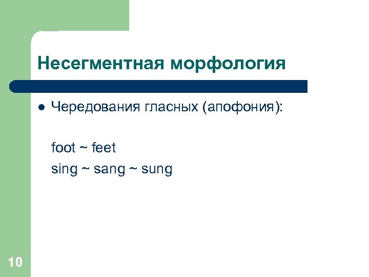 Несегментная морфология l Чередования гласных (апофония): foot ~ feet sing ~ sang ~ sung