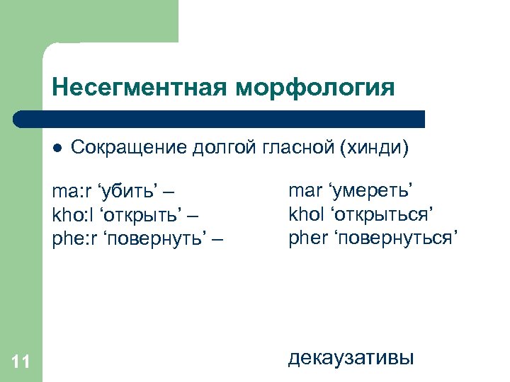 Несегментная морфология l Сокращение долгой гласной (хинди) ma: r ‘убить’ – kho: l ‘открыть’