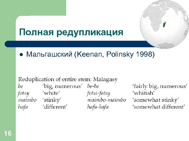 Полная редупликация l 16 Мальгашский (Keenan, Polinsky 1998) 