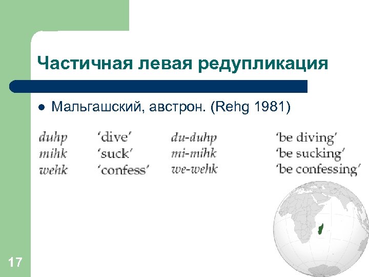 Частичная левая редупликация l 17 Мальгашский, австрон. (Rehg 1981) 