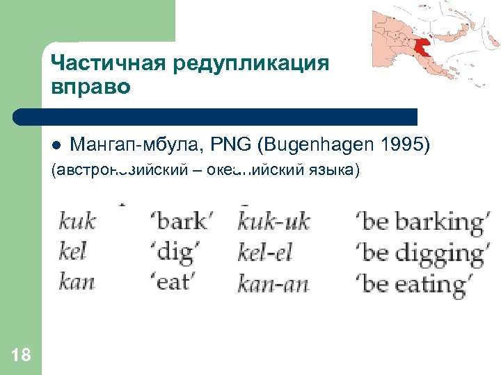 Частичная редупликация вправо l Мангап-мбула, PNG (Bugenhagen 1995) (австронезийский – океанийский языка) 18 