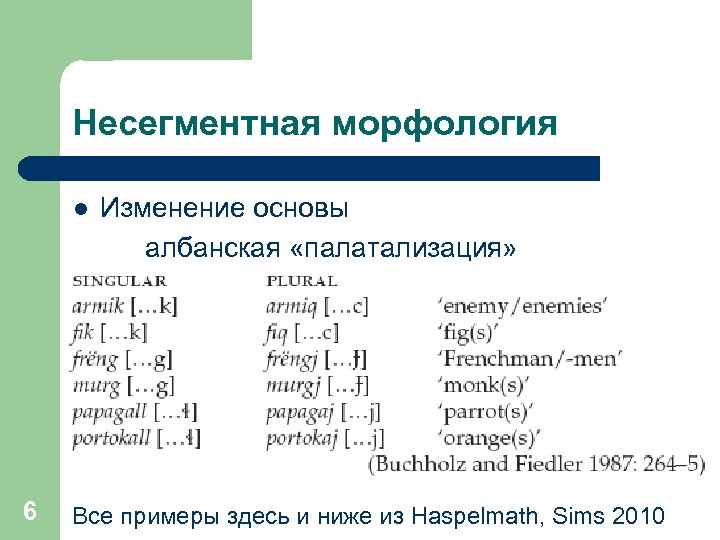 Несегментная морфология l 6 Изменение основы албанская «палатализация» Все примеры здесь и ниже из