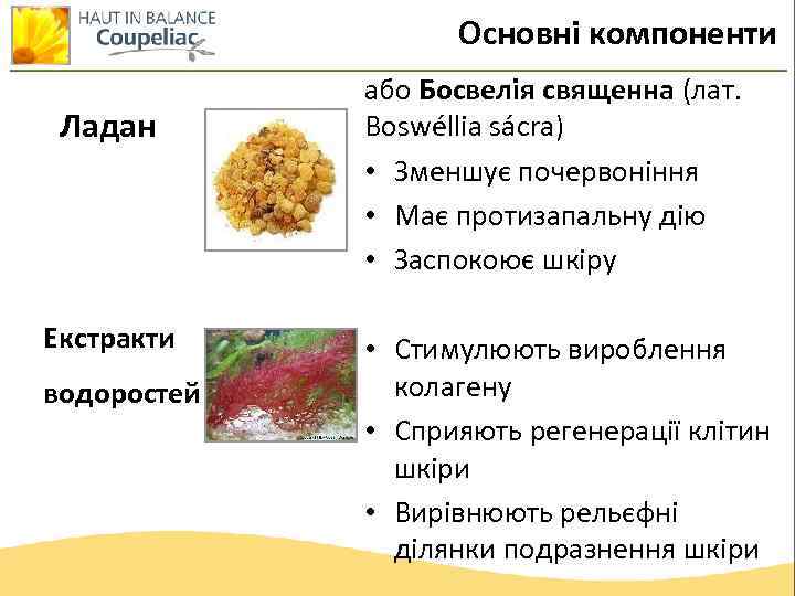 Основні компоненти Ладан Екстракти водоростей або Босвелія священна (лат. Boswéllia sácra) • Зменшує почервоніння
