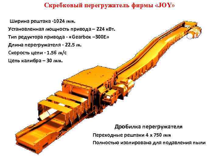 Скребковый перегружатель фирмы «JOY» Ширина рештака -1024 мм. Установленная мощность привода – 224 к.