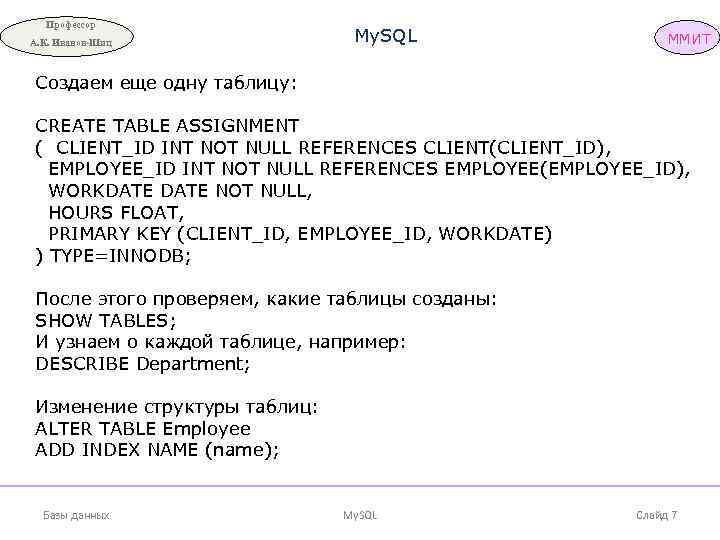 Профессор А. К. Иванов-Шиц My. SQL ММИТ Создаем еще одну таблицу: CREATE TABLE ASSIGNMENT