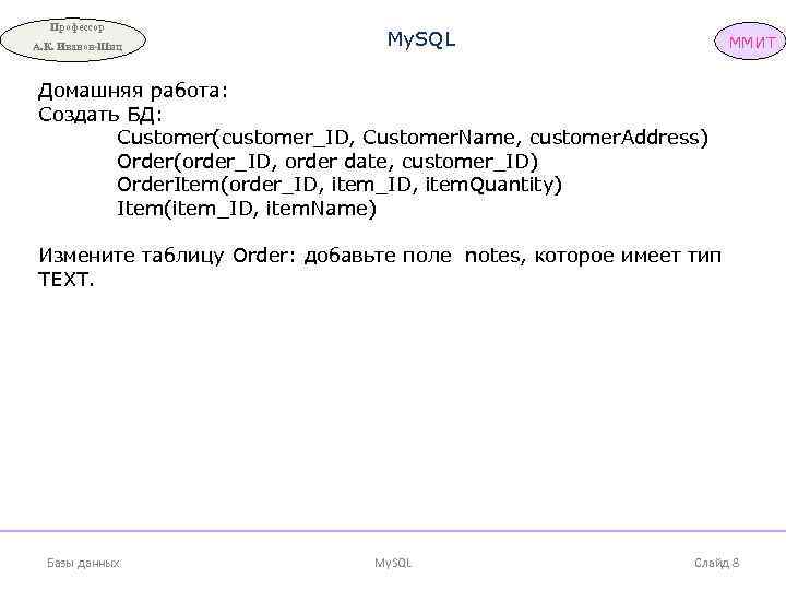 Профессор А. К. Иванов-Шиц My. SQL ММИТ Домашняя работа: Создать БД: Customer(customer_ID, Customer. Name,
