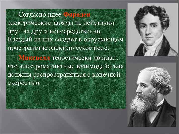Согласно идее Фарадея электрические заряды не действуют друг на друга непосредственно. Каждый из них
