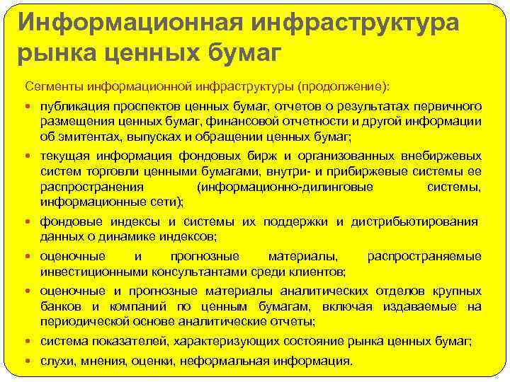 Информационная инфраструктура рынка ценных бумаг Сегменты информационной инфраструктуры (продолжение): публикация проспектов ценных бумаг, отчетов