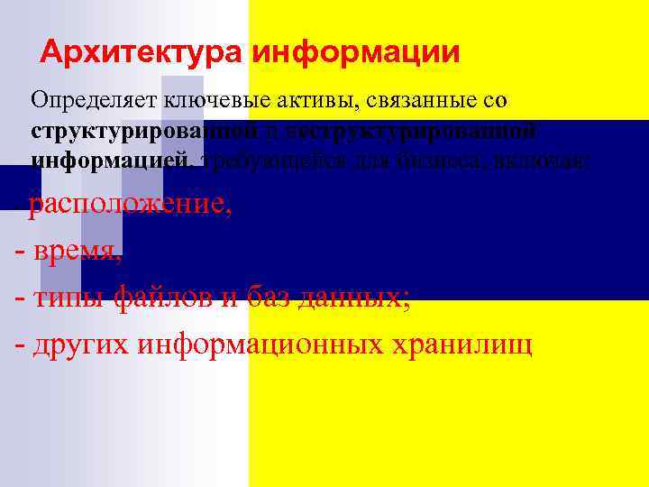 Архитектура информации Определяет ключевые активы, связанные со структурированной и неструктурированной информацией, требующейся для бизнеса,