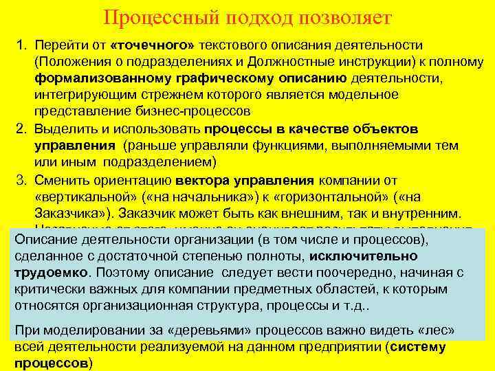 Процессный подход позволяет 1. Перейти от «точечного» текстового описания деятельности (Положения о подразделениях и