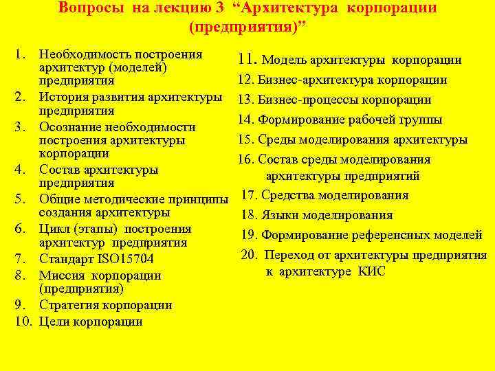 Вопросы на лекцию 3 “Архитектура корпорации (предприятия)” 1. Необходимость построения архитектур (моделей) предприятия 2.
