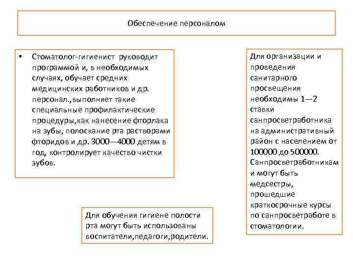 Обеспечение персоналом • Стоматолог-гигиенист руководит программой и, в необходимых случаях, обучает средних медицинских работников
