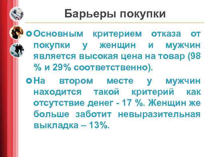 Барьеры покупки £ Основным критерием отказа от покупки у женщин и мужчин является высокая