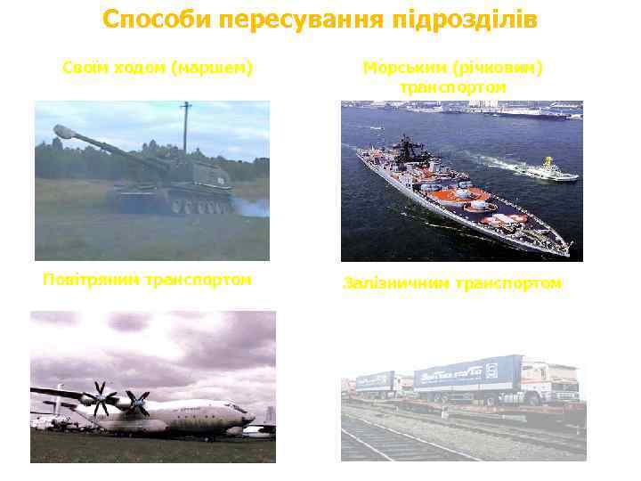 Способи пересування підрозділів Своїм ходом (маршем) Повітряним транспортом Морським (річковим) транспортом Залізничним транспортом 