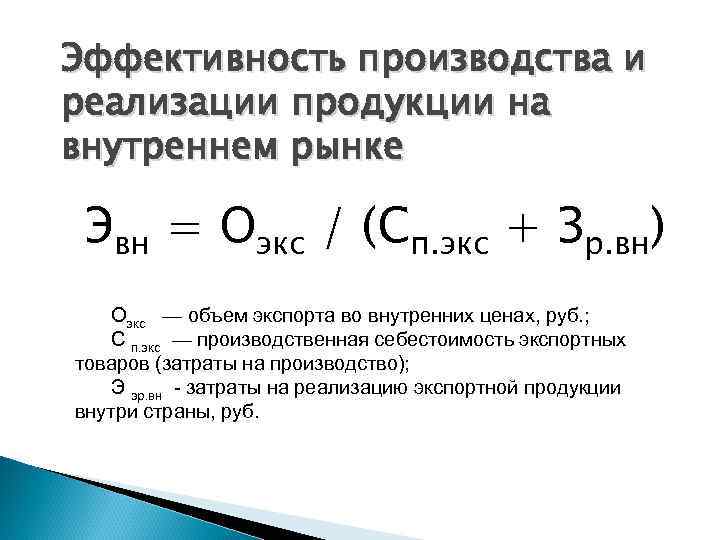 Эффективность производства и реализации продукции на внутреннем рынке Эвн = Оэкс / (Сп. экс