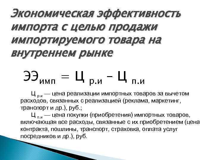 Экономическая эффективность импорта с целью продажи импортируемого товара на внутреннем рынке ЭЭимп = Ц