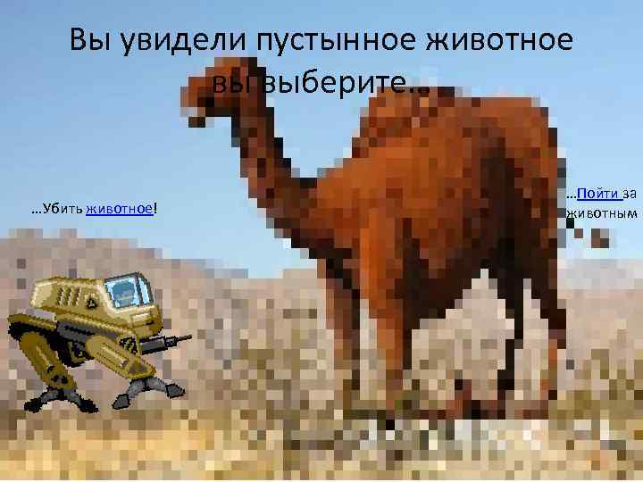 Вы увидели пустынное животное вы выберите… …Убить животное! …Пойти за животным 