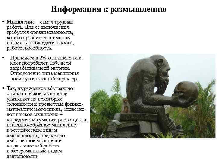 Информация к размышлению • Мышление – самая трудная работа. Для ее выполнения требуется организованность,