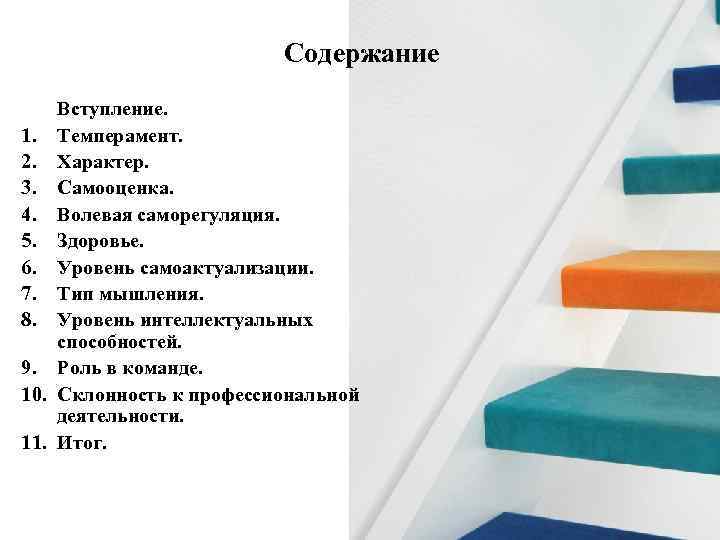 Содержание Вступление. 1. Темперамент. 2. Характер. 3. Самооценка. 4. Волевая саморегуляция. 5. Здоровье. 6.