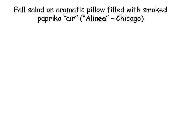 Fall salad on aromatic pillow filled with smoked paprika “air” (“Alinea” – Chicago) 