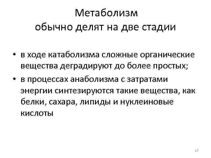 Метаболизм обычно делят на две стадии • в ходе катаболизма сложные органические вещества деградируют