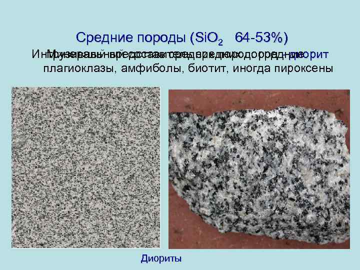  Средние породы (Si. O 2 64 -53%) Минеральный состав средних пород: средние Интрузивный