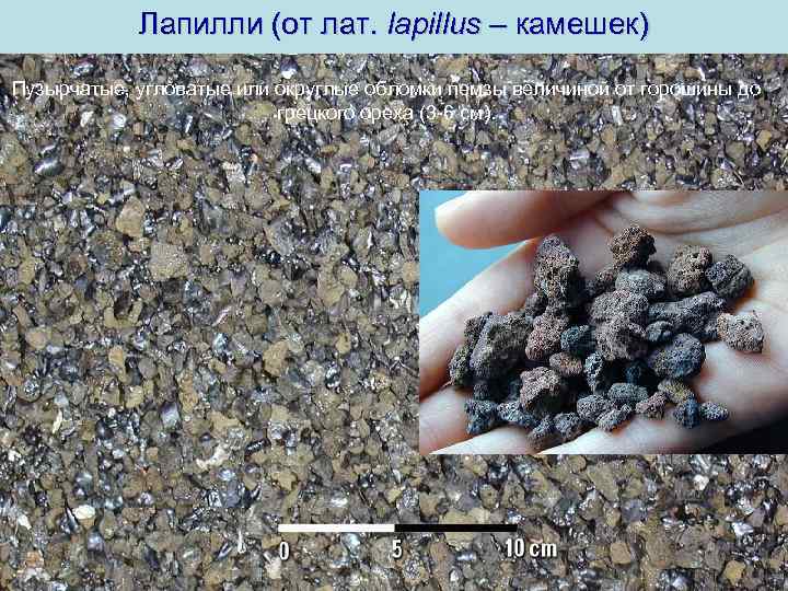 Лапилли (от лат. lapillus – камешек) Пузырчатые, угловатые или округлые обломки пемзы величиной от
