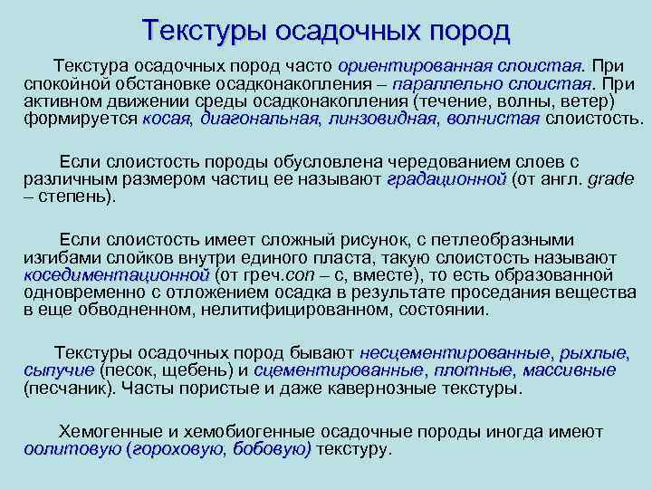 Текстуры осадочных пород Текстура осадочных пород часто ориентированная слоистая. При слоистая спокойной обстановке осадконакопления