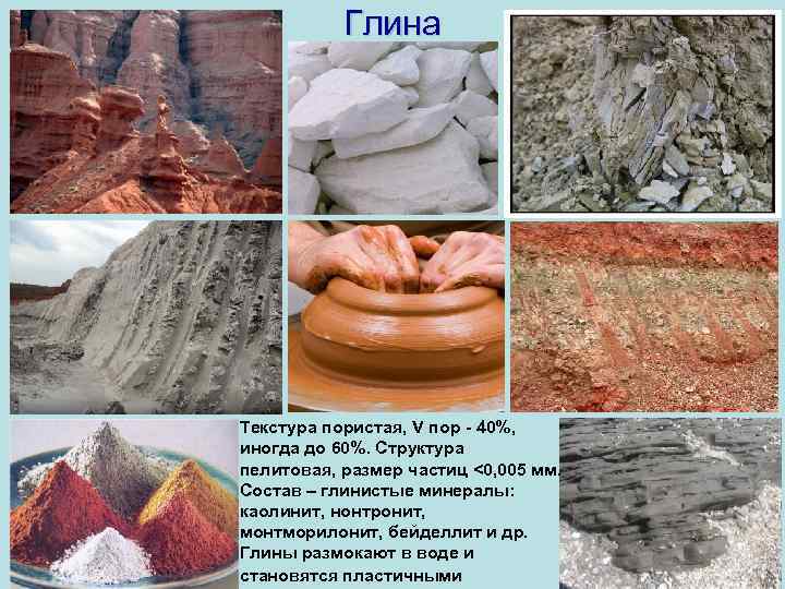 Глина Текстура пористая, V пор - 40%, иногда до 60%. Структура пелитовая, размер частиц