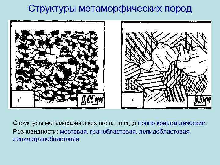 Структуры метаморфических пород О О Структуры метаморфических пород всегда полно кристаллические. Разновидности: мостовая, гранобластовая,
