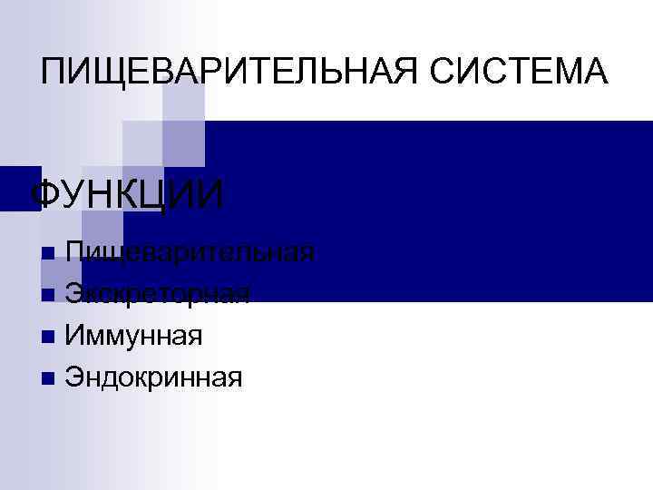 ПИЩЕВАРИТЕЛЬНАЯ СИСТЕМА ФУНКЦИИ Пищеварительная n Экскреторная n Иммунная n Эндокринная n 