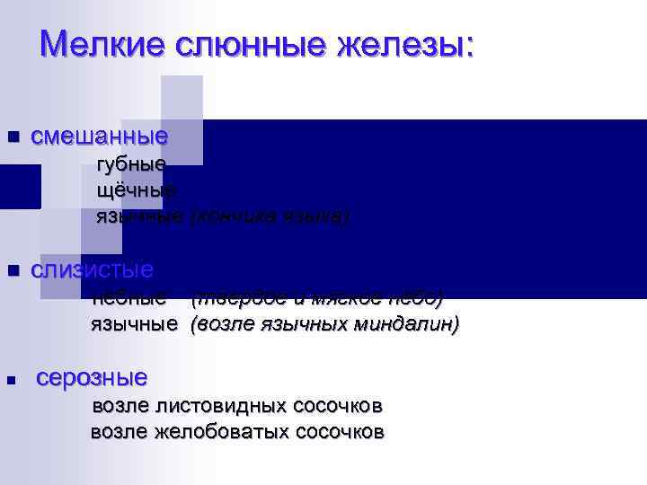 Мелкие слюнные железы: n смешанные губные щёчные язычные (кончика языка) n слизистые нёбные (твердое