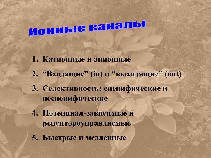 1. Катионные и анионные 2. “Входящие” (in) и “выходящие” (out) 3. Селективность: специфические и