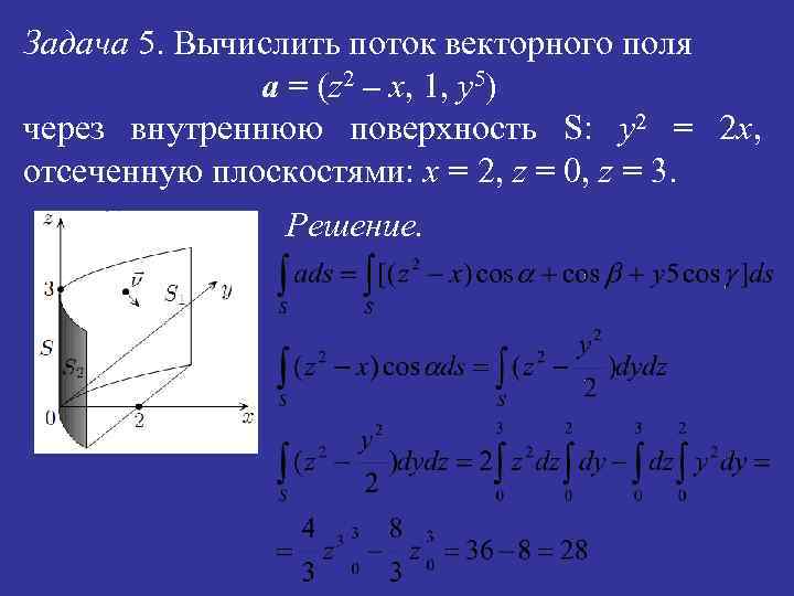 Задача 5. Вычислить поток векторного поля a = (z 2 – x, 1, y