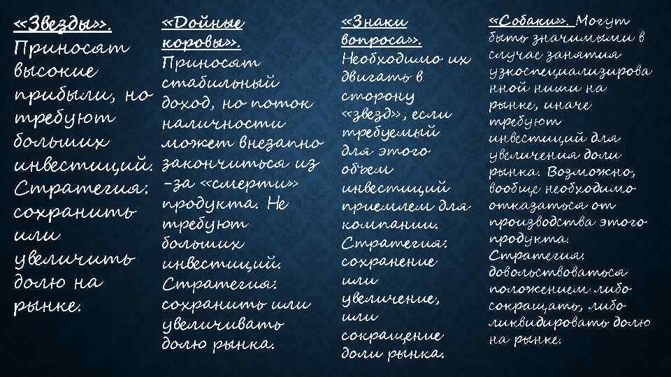  «Звезды» . Приносят высокие прибыли, но требуют больших инвестиций. Стратегия: сохранить или увеличить