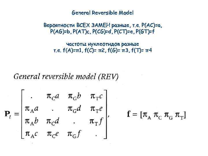 General Reversible Model Вероятности ВСЕХ ЗАМЕН разные, т. е. P(AC)=a, P(AG)=b, P(AT)c, P(CG)=d, P(CT)=e,