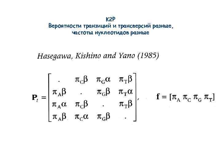 K 2 P Вероятности транзиций и трансверсий разные, частоты нуклеотидов разные 