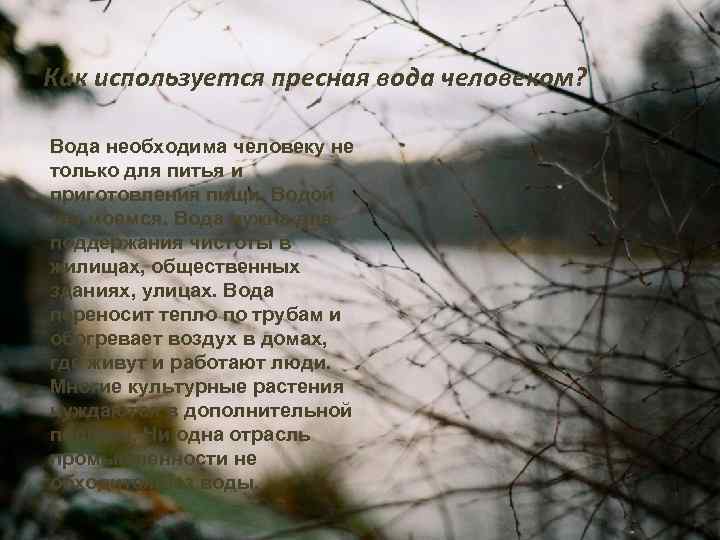 Как используется пресная вода человеком? Вода необходима человеку не только для питья и приготовления
