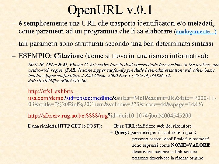 Open. URL v. 0. 1 – è semplicemente una URL che trasporta identificatori e/o