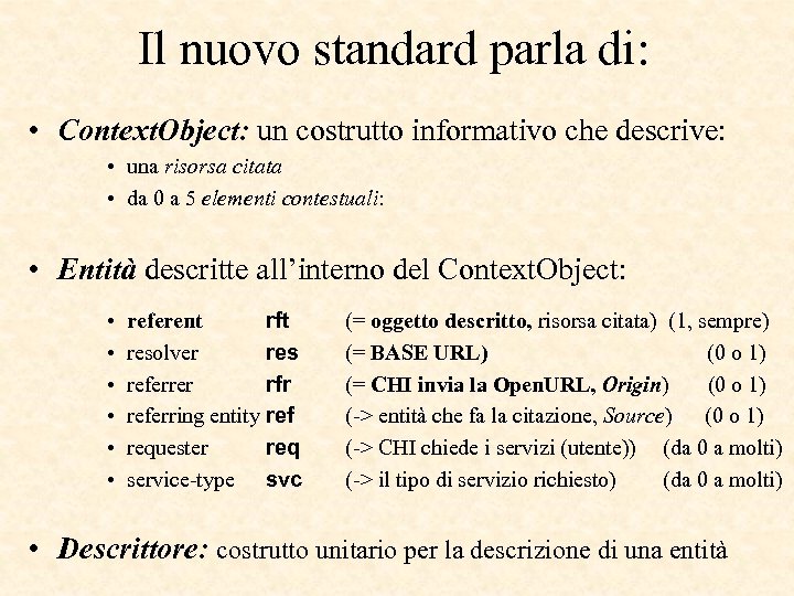 Il nuovo standard parla di: • Context. Object: un costrutto informativo che descrive: •