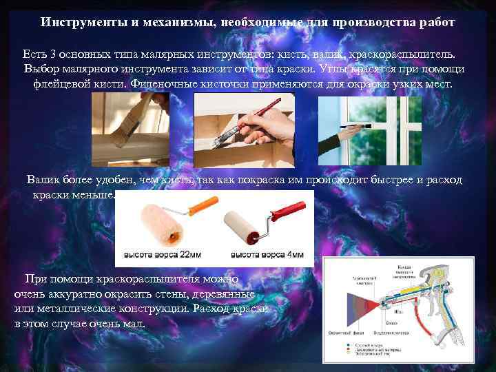 Инструменты и механизмы, необходимые для производства работ Есть 3 основных типа малярных инструментов: кисть,